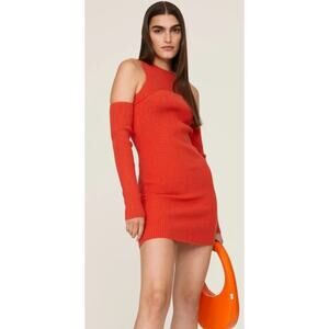 Herve By Herve Leger Orange Ribbed Knit Long Sleeve Cold Shoulder Mini Dress M